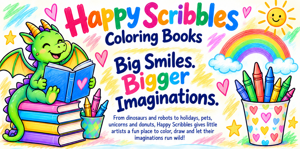 Happy Scribbles Coloring Books with Lars the green dragon, books, crayons and a rainbow