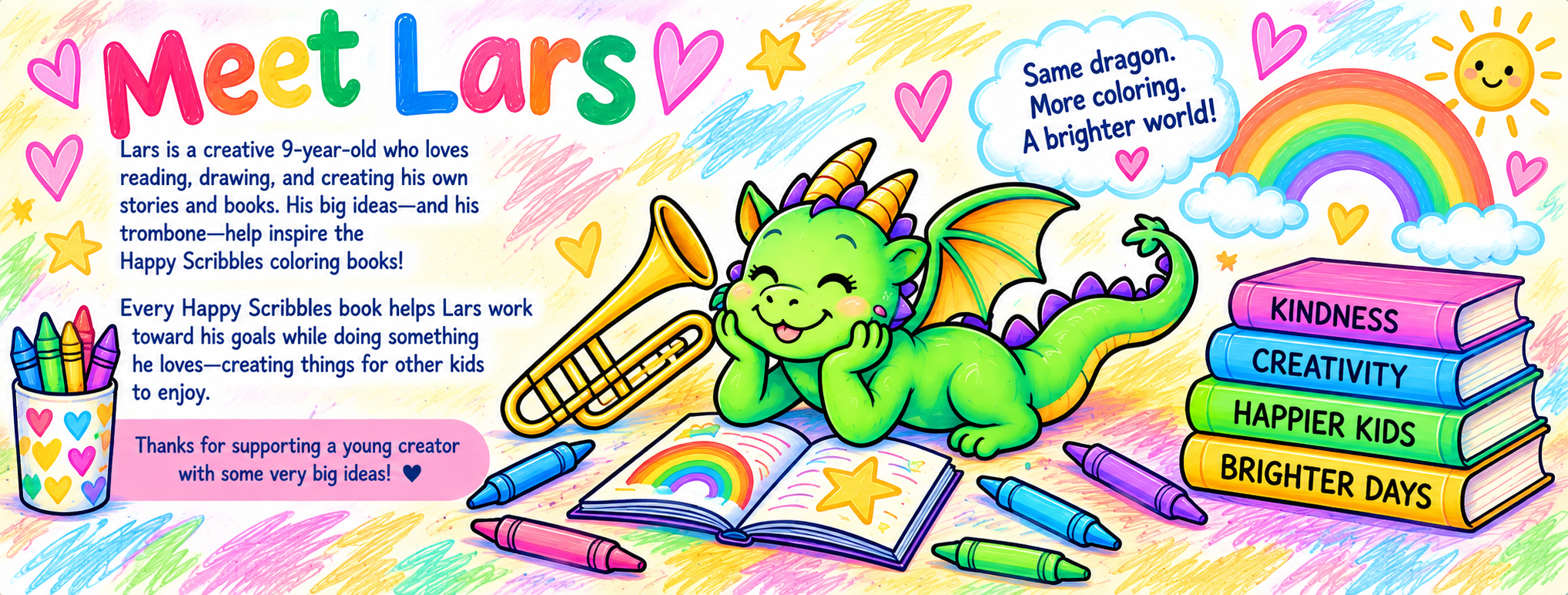 Illustrated green dragon reading with a trombone, books, crayons and colorful doodles